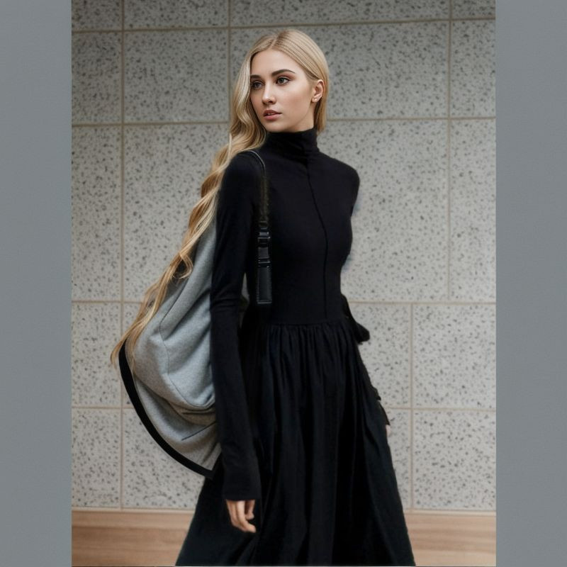 Rochie de toamnă în stil coreean cu gât înalt Rochie midi pliată elegantă femei elegantă cu mânecă lungă pentru navetă, simplă, subțire, rochie de lucru de birou