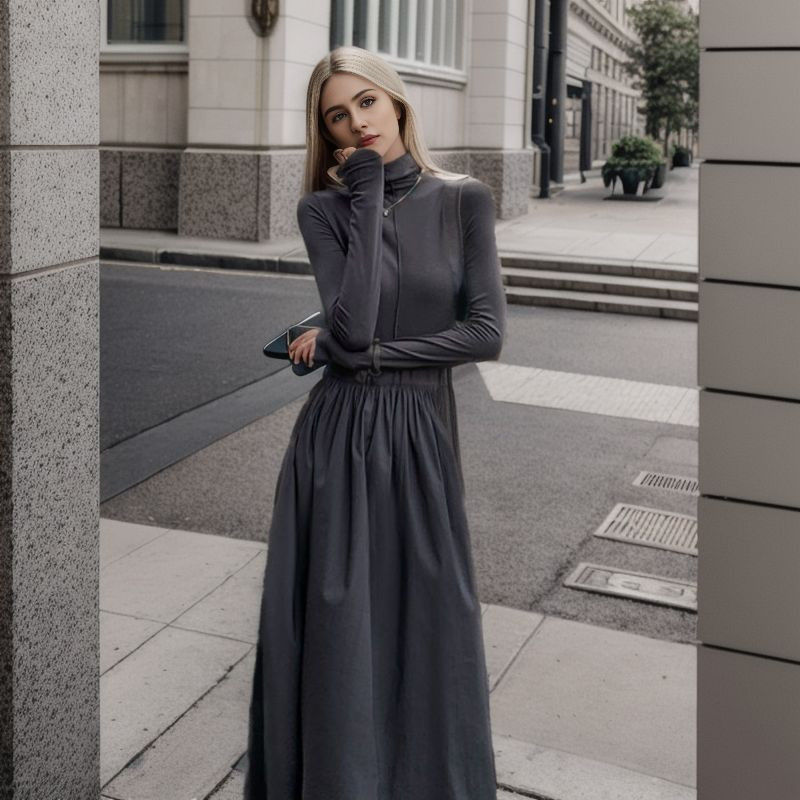 Rochie de toamnă în stil coreean cu gât înalt Rochie midi pliată elegantă femei elegantă cu mânecă lungă pentru navetă, simplă, subțire, rochie de lucru de birou