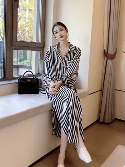 Haljine za žene 2023, novo proljeće i jesen, LASOBNE duge haljine na pruge, ulična odjeća s dugim rukavima, korejska modna ženska odjeća, ogrtač