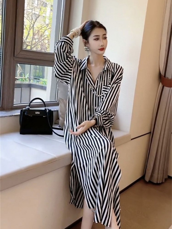 Haljine za žene 2023, novo proljeće i jesen, LASOBNE duge haljine na pruge, ulična odjeća s dugim rukavima, korejska modna ženska odjeća, ogrtač