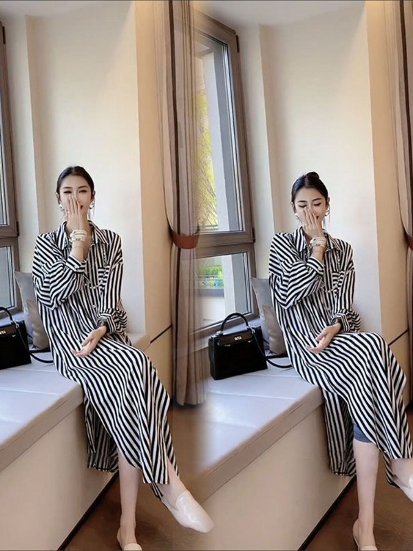 Haljine za žene 2023, novo proljeće i jesen, LASOBNE duge haljine na pruge, ulična odjeća s dugim rukavima, korejska modna ženska odjeća, ogrtač