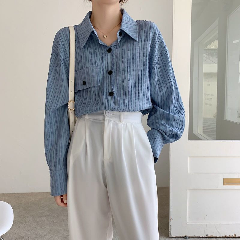 Jesen 2022. Bluze s plavim prugama, modna šifonska košulja, ležerna široka košulja s otvorenim ovratnikom na kopčanje, ženske majice Blusas 17411