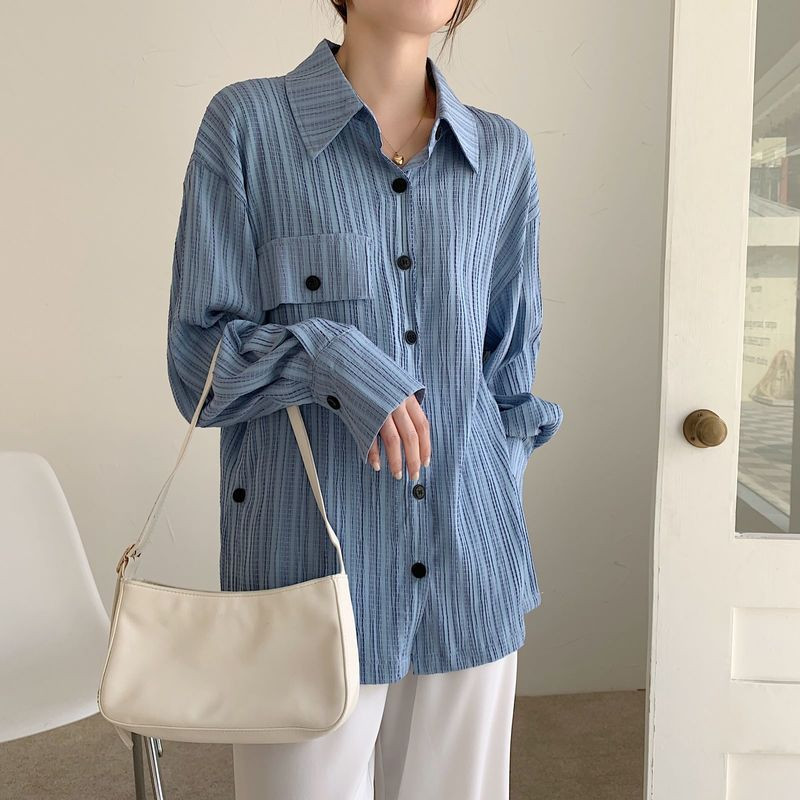 Jesen 2022. Bluze s plavim prugama, modna šifonska košulja, ležerna široka košulja s otvorenim ovratnikom na kopčanje, ženske majice Blusas 17411