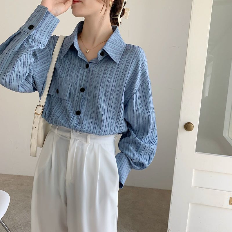 Jesen 2022. Bluze s plavim prugama, modna šifonska košulja, ležerna široka košulja s otvorenim ovratnikom na kopčanje, ženske majice Blusas 17411