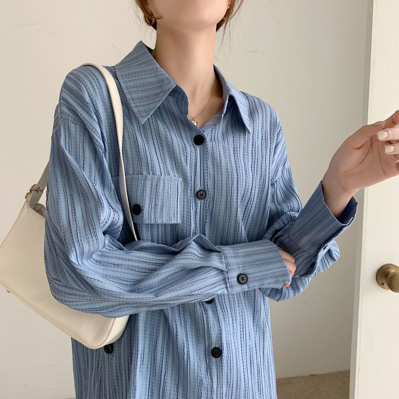 Jesen 2022. Bluze s plavim prugama, modna šifonska košulja, ležerna široka košulja s otvorenim ovratnikom na kopčanje, ženske majice Blusas 17411