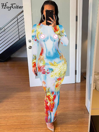 Dámske letné maxi šaty Hugcitar s 3D potlačou a dlhým rukávom, patchwork, sexy, štíhle, priliehavé, streetwear, festivalové oblečenie
