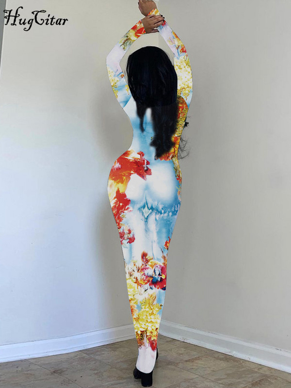 „Hugcitar“ 3D kūno piešinys ilgomis rankovėmis. Sexy Slim Bodycon Maxi suknelė 2023 m. vasaros moterų mados gatvės drabužių festivalio apranga