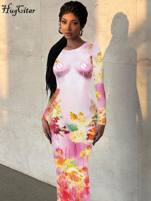 „Hugcitar“ 3D kūno piešinys ilgomis rankovėmis. Sexy Slim Bodycon Maxi suknelė 2023 m. vasaros moterų mados gatvės drabužių festivalio apranga