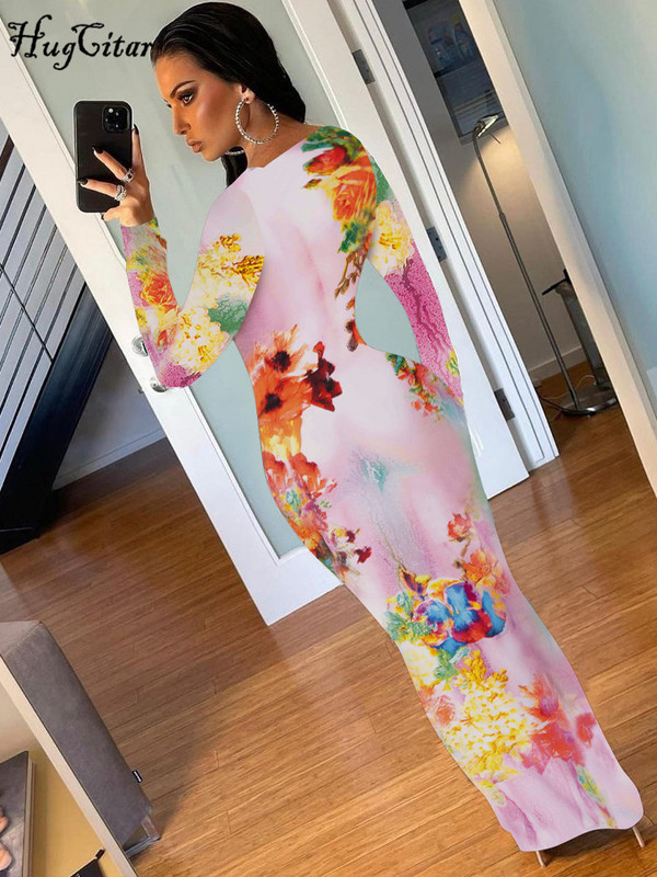„Hugcitar“ 3D kūno piešinys ilgomis rankovėmis. Sexy Slim Bodycon Maxi suknelė 2023 m. vasaros moterų mados gatvės drabužių festivalio apranga