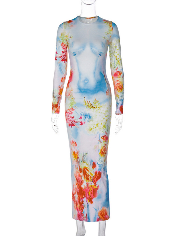 „Hugcitar“ 3D kūno piešinys ilgomis rankovėmis. Sexy Slim Bodycon Maxi suknelė 2023 m. vasaros moterų mados gatvės drabužių festivalio apranga