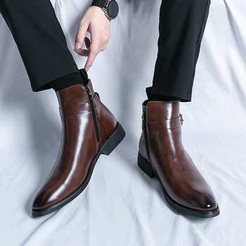 Английски стил Мъжки ботуши от кожа Заострени къси ботуши Мъжки ботуши Челси Trend Високи обувки Зимни бизнес ботуши