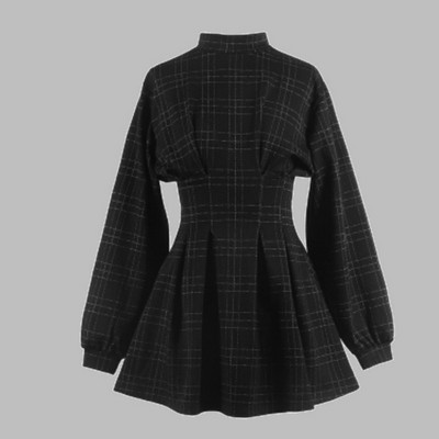 Goth Dress Gothic Harajuku Vintage Plaid Wrap Black Mini Dress Retro Плисирана Пънк Дълъг Ръкав Тъмен Емо Естетичен Kpop