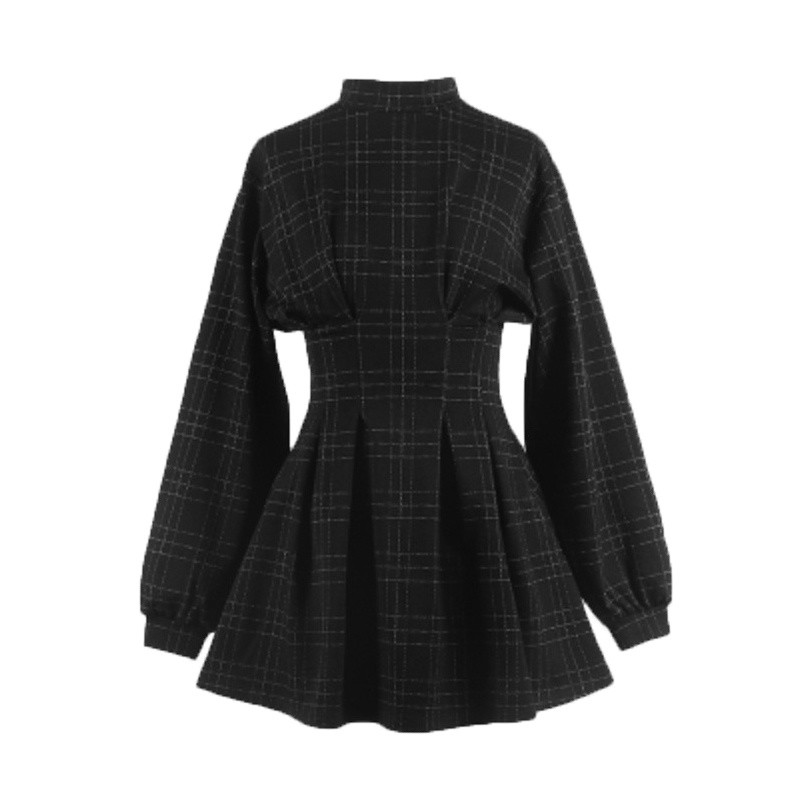 Gothic Suknelė Gothic Harajuku Vintage Plaid Wrap Balck Mini Suknelė Retro klostuota Punk Ilgomis Rankovėmis Tamsiai Emo Estetinis Kpop