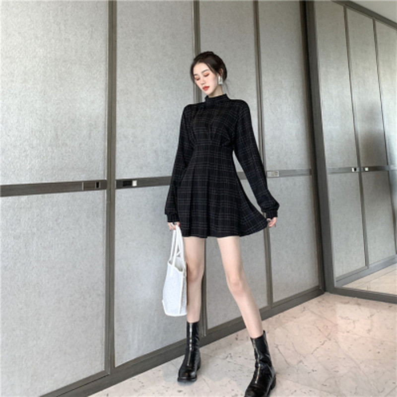 Gothic Suknelė Gothic Harajuku Vintage Plaid Wrap Balck Mini Suknelė Retro klostuota Punk Ilgomis Rankovėmis Tamsiai Emo Estetinis Kpop