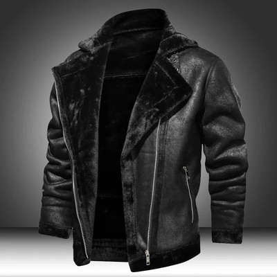 Vīriešu ziemas vilnas motocikla ādas jaka plus samta bieza retro retro stila brīvā laika vīriešu virsdrēbes silti kašmira iekšējie mēteļi