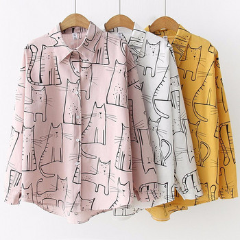 2023 Пролет Ежедневна мода Реколта Есен Дамски ризи с дълъг ръкав Сладка риза с котешки принт Дамски свободни блузи Момиче Дамски топове