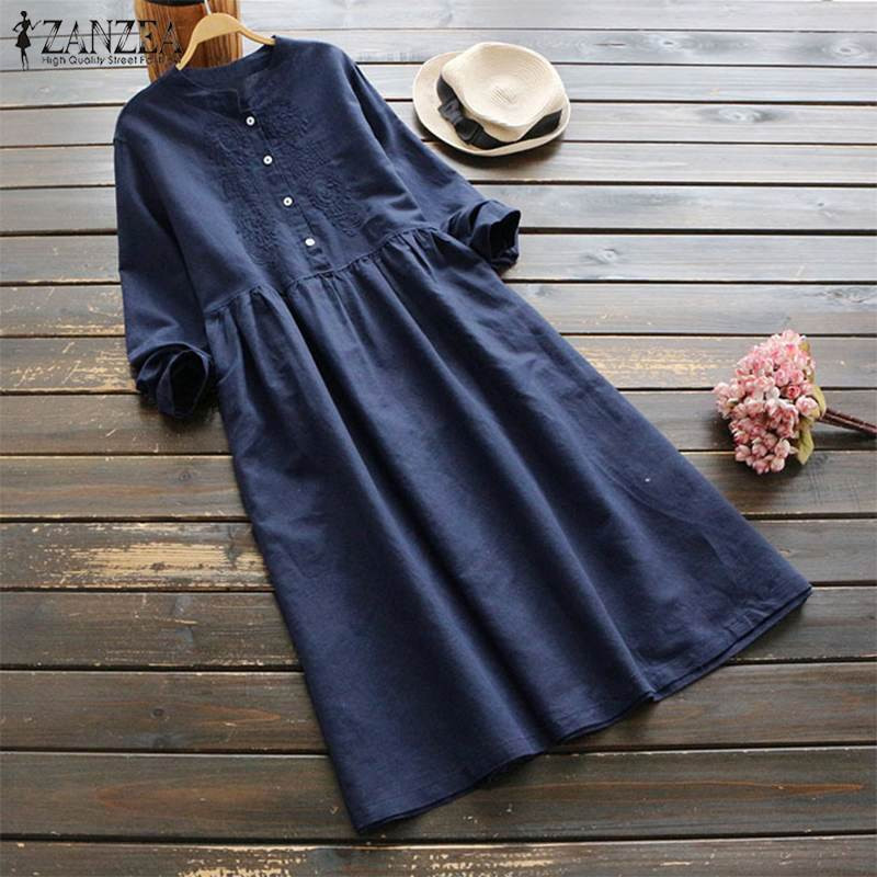 Vintage γυναικείο κέντημα Sundress ZANZEA Casual μονόχρωμο πουκάμισο μακρυμάνικο Midi Vestidos γυναικεία ρόμπα oversized