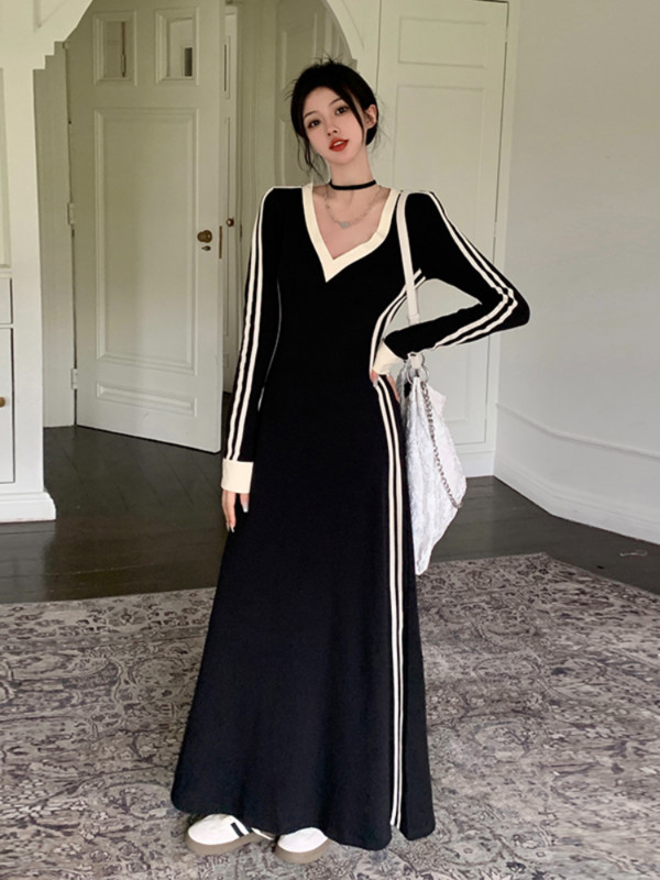 Dámske šaty s francúzskym pruhovaným výstrihom do V s dlhým rukávom, jesenné oblečenie, vintage župan, ležérne voľné šaty, kórejská móda, vestidos de fiesta