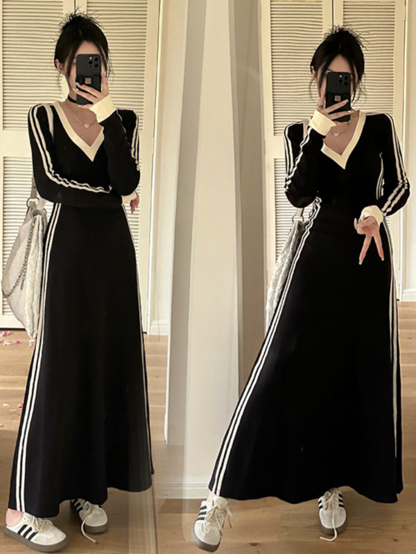 Dámske šaty s francúzskym pruhovaným výstrihom do V s dlhým rukávom, jesenné oblečenie, vintage župan, ležérne voľné šaty, kórejská móda, vestidos de fiesta