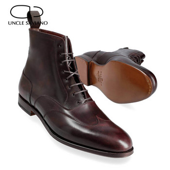 Мъжки ботуши Uncle Saviano Зимни добавени кадифена каишка с каишка с висока горна част кожа Модни дизайнерски работни ръчно изработени обувки за мъже