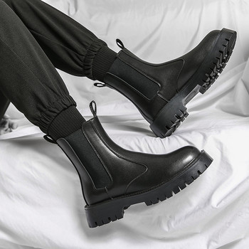 Мъжки ботуши Челси Ежедневни щампи Къси ретро обувки до глезена Средна кройка Ретро черни кожени ботуши