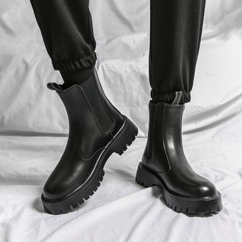 Мъжки ботуши Челси Ежедневни щампи Къси ретро обувки до глезена Средна кройка Ретро черни кожени ботуши