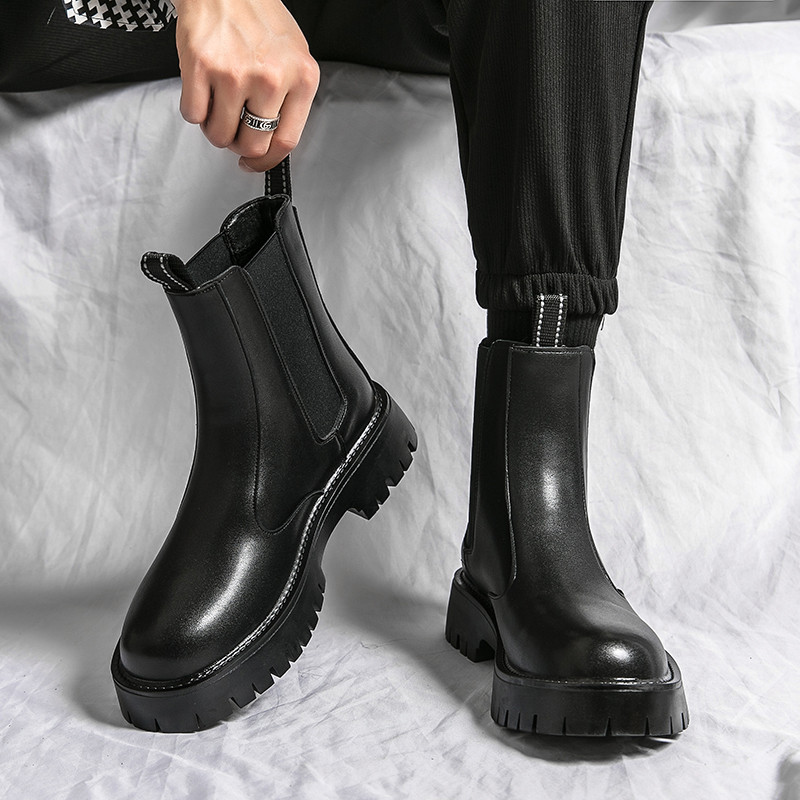 Ανδρικές μπότες Chelsea Casual Printing κοντά ρετρό παπούτσια στον αστράγαλο Βίντατζ μαύρες δερμάτινες μπότες μεσαίας κοπής