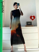 Moterų marlė Kaklaraištis dažoma ilga suknelė madinga kontrasto spalva ilgomis rankovėmis su kaklu 2023 m. pavasario prašmatnios asmenybės gatvės suknelės