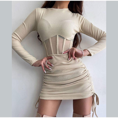 Mini rochie sexy din plasă pentru femei, scobită, cu decolteu în formă de dantelă, cu mânecă lungă, rochii pentru femei, primăvară vară 2023