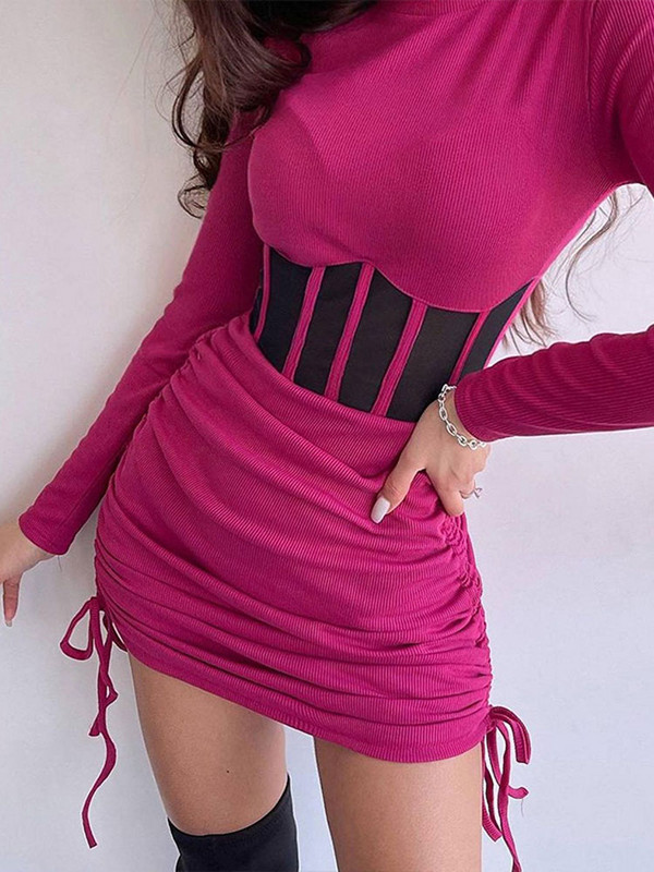 Mini rochie sexy din plasă pentru femei, scobită, cu decolteu în formă de dantelă, cu mânecă lungă, rochii pentru femei, primăvară vară 2023