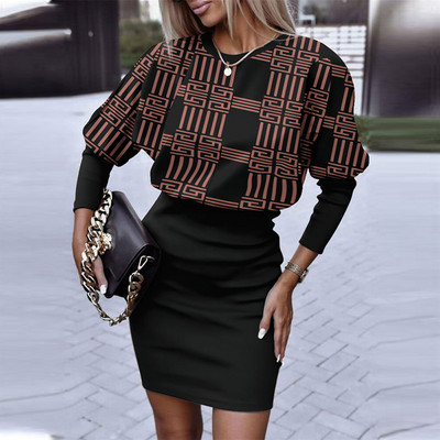 Noua rochie bodycon pentru femei cu decolteu O cu maneca lunga subtire cu maneca lunga rochii de petrecere pentru femei toamna mini rochie eleganta cu imprimeu vintage