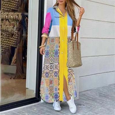 2022 rochie cămașă cu mânecă lungă cu rever la modă, lejer, imprimeu în contrast, rochii maxi la un singur piept, pentru femei Robe Longue