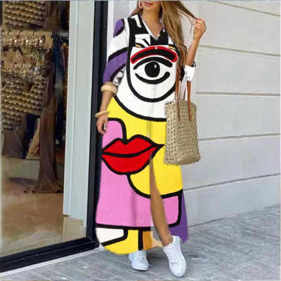 2022 rochie cămașă cu mânecă lungă cu rever la modă, lejer, imprimeu în contrast, rochii maxi la un singur piept, pentru femei Robe Longue