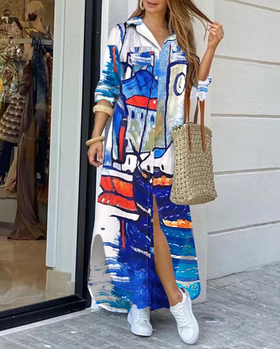 2022 rochie cămașă cu mânecă lungă cu rever la modă, lejer, imprimeu în contrast, rochii maxi la un singur piept, pentru femei Robe Longue