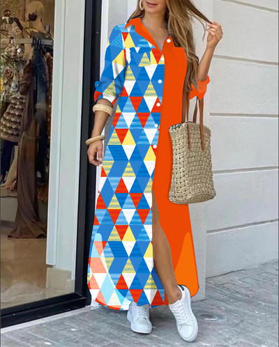 2022 rochie cămașă cu mânecă lungă cu rever la modă, lejer, imprimeu în contrast, rochii maxi la un singur piept, pentru femei Robe Longue