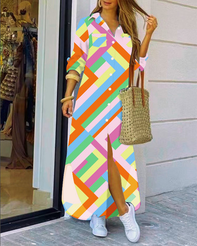 2022 rochie cămașă cu mânecă lungă cu rever la modă, lejer, imprimeu în contrast, rochii maxi la un singur piept, pentru femei Robe Longue