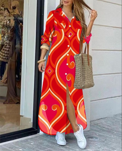 2022 rochie cămașă cu mânecă lungă cu rever la modă, lejer, imprimeu în contrast, rochii maxi la un singur piept, pentru femei Robe Longue