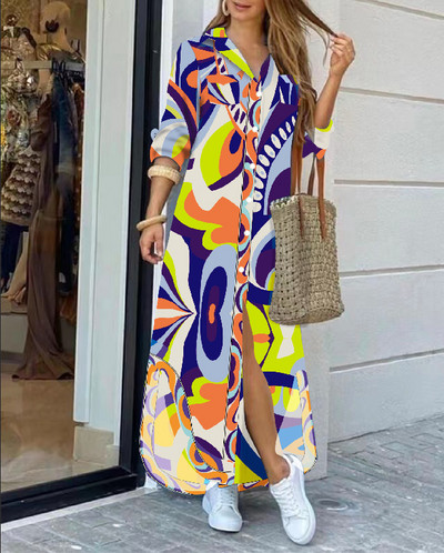 2022 rochie cămașă cu mânecă lungă cu rever la modă, lejer, imprimeu în contrast, rochii maxi la un singur piept, pentru femei Robe Longue