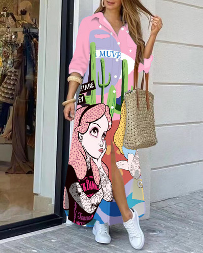 2022 rochie cămașă cu mânecă lungă cu rever la modă, lejer, imprimeu în contrast, rochii maxi la un singur piept, pentru femei Robe Longue