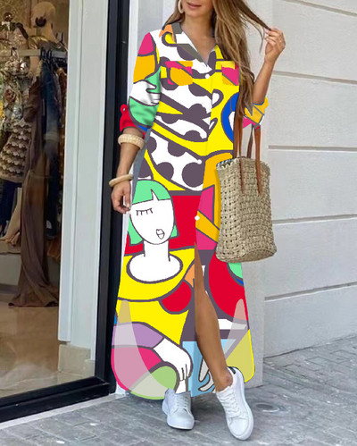 2022 rochie cămașă cu mânecă lungă cu rever la modă, lejer, imprimeu în contrast, rochii maxi la un singur piept, pentru femei Robe Longue