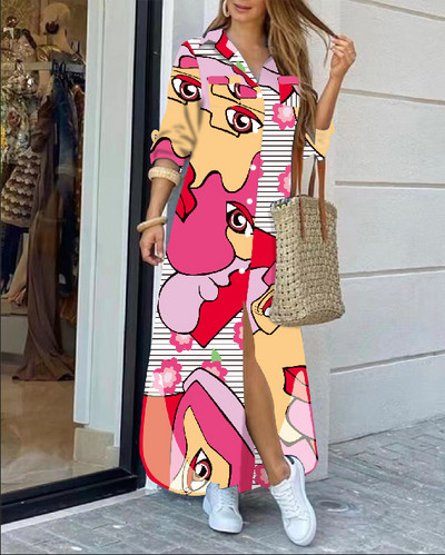 2022 rochie cămașă cu mânecă lungă cu rever la modă, lejer, imprimeu în contrast, rochii maxi la un singur piept, pentru femei Robe Longue