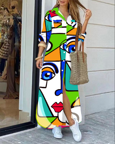 2022 rochie cămașă cu mânecă lungă cu rever la modă, lejer, imprimeu în contrast, rochii maxi la un singur piept, pentru femei Robe Longue