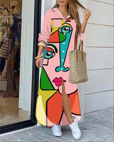 2022 rochie cămașă cu mânecă lungă cu rever la modă, lejer, imprimeu în contrast, rochii maxi la un singur piept, pentru femei Robe Longue