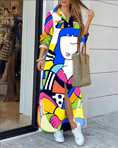 2022 rochie cămașă cu mânecă lungă cu rever la modă, lejer, imprimeu în contrast, rochii maxi la un singur piept, pentru femei Robe Longue