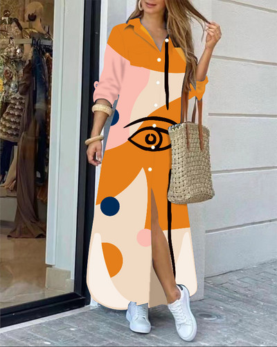 2022 rochie cămașă cu mânecă lungă cu rever la modă, lejer, imprimeu în contrast, rochii maxi la un singur piept, pentru femei Robe Longue