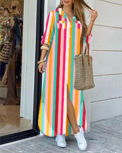 2022 rochie cămașă cu mânecă lungă cu rever la modă, lejer, imprimeu în contrast, rochii maxi la un singur piept, pentru femei Robe Longue