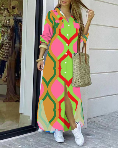 2022 rochie cămașă cu mânecă lungă cu rever la modă, lejer, imprimeu în contrast, rochii maxi la un singur piept, pentru femei Robe Longue