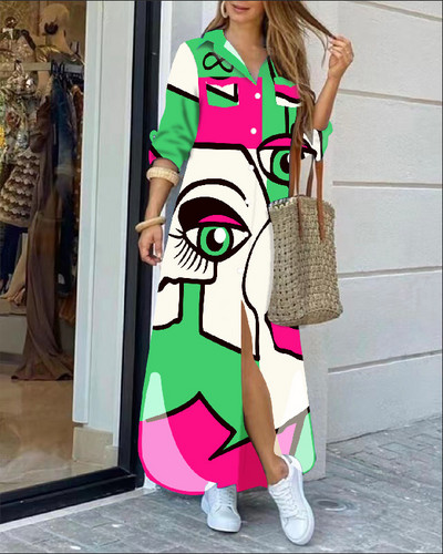 2022 rochie cămașă cu mânecă lungă cu rever la modă, lejer, imprimeu în contrast, rochii maxi la un singur piept, pentru femei Robe Longue