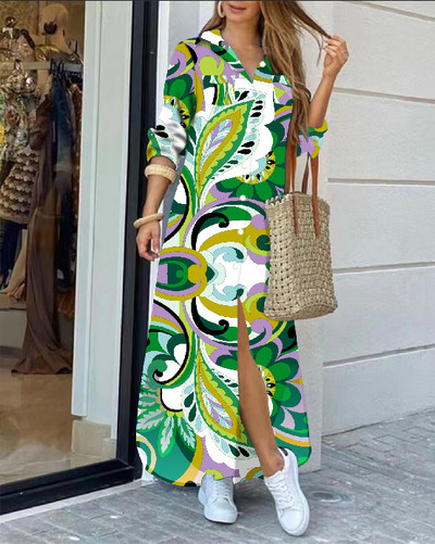 2022 rochie cămașă cu mânecă lungă cu rever la modă, lejer, imprimeu în contrast, rochii maxi la un singur piept, pentru femei Robe Longue