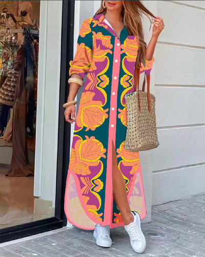 2022 rochie cămașă cu mânecă lungă cu rever la modă, lejer, imprimeu în contrast, rochii maxi la un singur piept, pentru femei Robe Longue